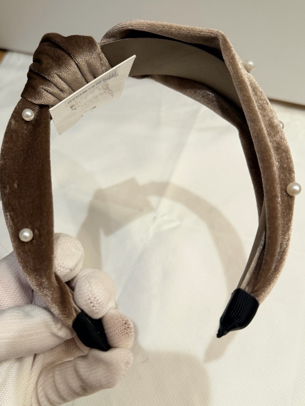 NWT: Velvet Pearl-Knot Headband in Taupe - Picture 4 of 5